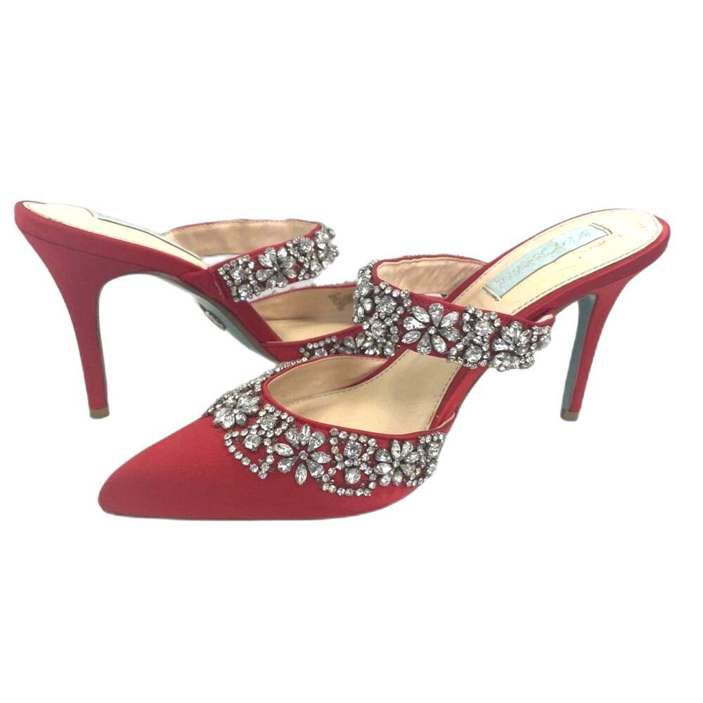 Betsey Johnson Blue Elina Red Satin Rhinestone Mules Pointed Toe Heels Size 7.5